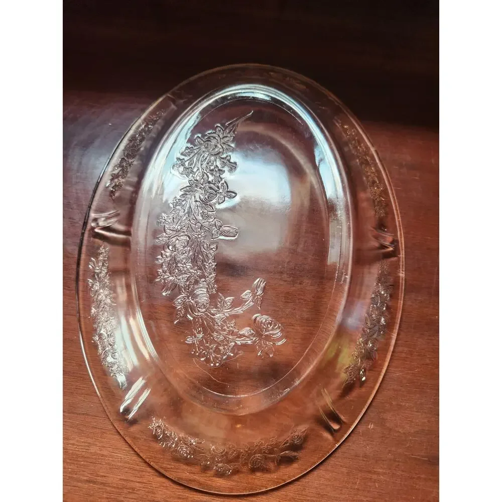 Vintage Federal Sharon Cabbage Rose Pink Depression Glass Oval Platter 12.5in